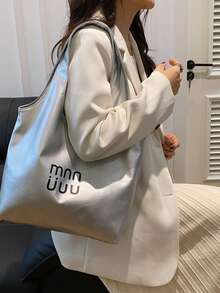 Dedoo 女款大容量單肩托特包，字母印花金屬感皮革，適合年輕女性日常通勤、購物、休閒手提包，四季皆宜 - 銀色 - 查看 7