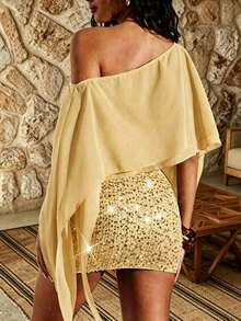 2026 Summer Women's Sexy Off-Shoulder Asymmetric Draped Sleeve Chiffon Cropped Top, Essential For Party, Date, Vacation - Yellow - View 2