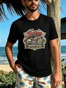 Męska koszulka T-shirt Heritage z grafiką motocyklową. Wysokiej jakości materiał, luźny krój, swobodny, wygodny, z wyrazistym nadrukiem. - Czarne - Zobacz 1