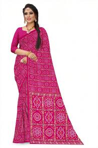 Estationeryhouse Bandhani Square Print Saree With Unstitched Blouse Piece - Hot Pink - View 1