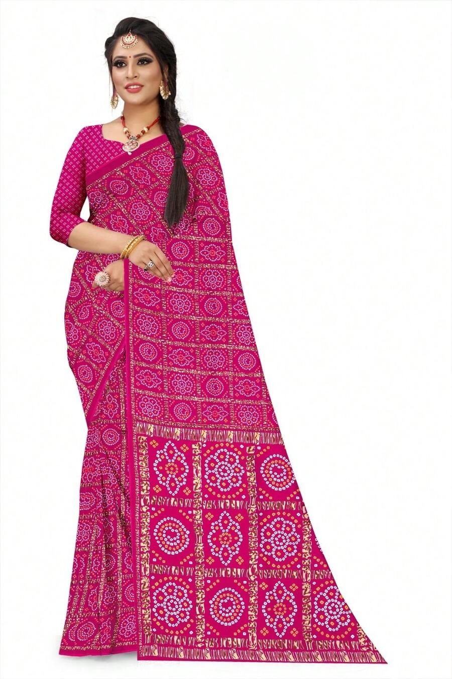 Estationeryhouse Bandhani Square Print Saree With Unstitched Blouse Piece - Hot Pink - View 1