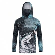 Men's Black & Blue Fish Pattern Hooded Fishing Shirt With Face Mask, Long Sleeve Sun Protection Top Sports - Blue - View 11