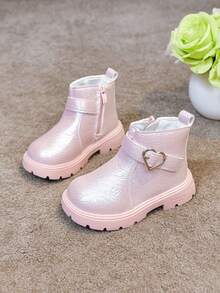 1 Pair Girls' Heart Buckle Boots, New Spring/Autumn Fashion Buckle Princess Boots, Korean Style Versatile Fashion Ankle Boots - Pink - View 3