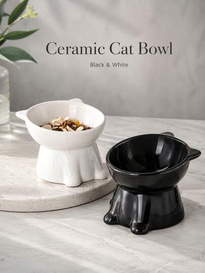 Stylish, Elevated Ceramic Cat Bowl Designed To Protect The Neck And Prevent Spills-Featuring A Minimalist Black-And-White Color Scheme, This Bowl Is Perfect For Daily Dry And Wet Food Feeding In The Kitchen Or Living Room And Helps Reduce