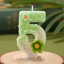 Green Daisy Floral Number Birthday Candle 1PC, Ins Fresh Style Smokeless Cake Topper Decor, For Baby 1st Birthday, Full Moon Party, Boy Girl Milestone, Wedding, Anniversary, Valentine's Day Dessert Table Supplies - View 9