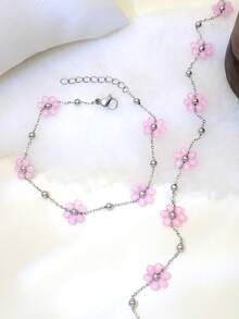 2 pezzi/Set Gioielli in acciaio inossidabile da donna, collana con ciondolo a fiore rosa e bracciale, regalo per la festa della mamma, compleanno, vacanza - Multicolore - Visualizzare 5
