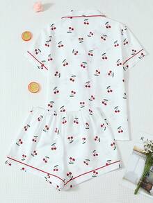 2 Pieces Set Comfortable Cherry Print Lapel Button Short Sleeve Top With Pocket And Bow Shorts, Spring/Summer Women's Pajamas Loungewear Set Suitable For Home Use - White - View 2