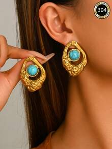 1 Pair European & American Vacation Style Stainless Steel Vintage Textured Asymmetrical Hollow Turquoise Stud Earrings, Suitable For Women's Daily Commute, Party, Evening Banquet, Autumn/Winter Atmosphere Accessory - Gold - View 3