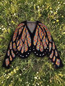 Butterfly Cape Knit Cardigan, Contrast Color Crochet Design, Loose Batwing Sleeves, Spring/Autumn Atmosphere Outerwear Sweater Jacket - Multicolor 6 - View 2