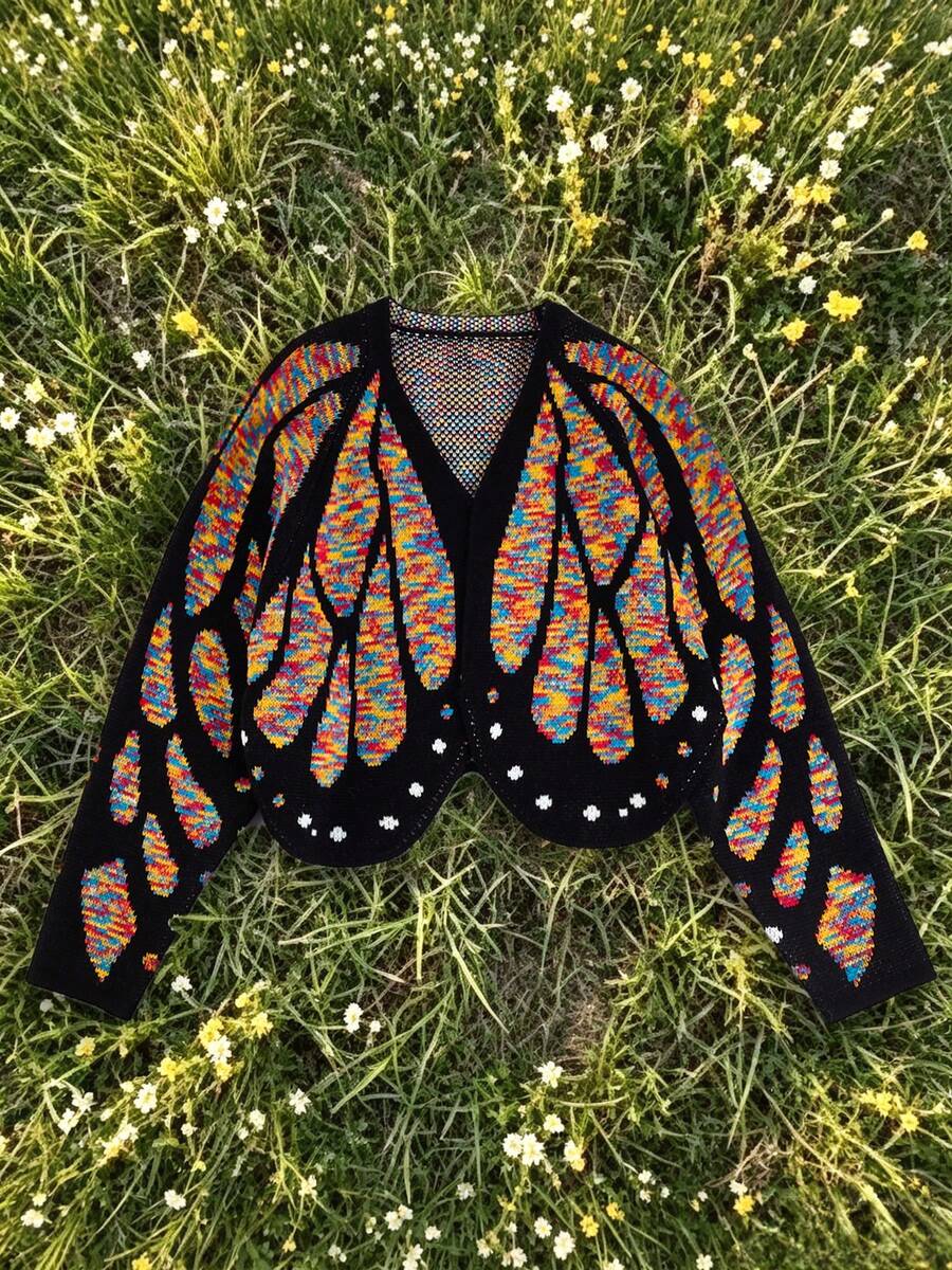 Butterfly Cape Knit Cardigan, Contrast Color Crochet Design, Loose Batwing Sleeves, Spring/Autumn Atmosphere Outerwear Sweater Jacket