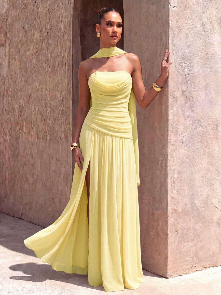 UNITHORSE Chiffon Halter Backless Dress For Evening Gown - Yellow - View 1