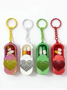 Portable Pill Box With Keychain, Portable Slide-Out Small Pill Box With Heart Pattern, Pill Storage Box For Office Workers, Travel Medicine Storage Box, Pocket Pill Box, Compact Small Pill Box, Daily Pill Storage Container, Waterproof Pill Box With Keychain Chain, Home Essential, Suitable For Work, Travel, School - Multicolor - View 7