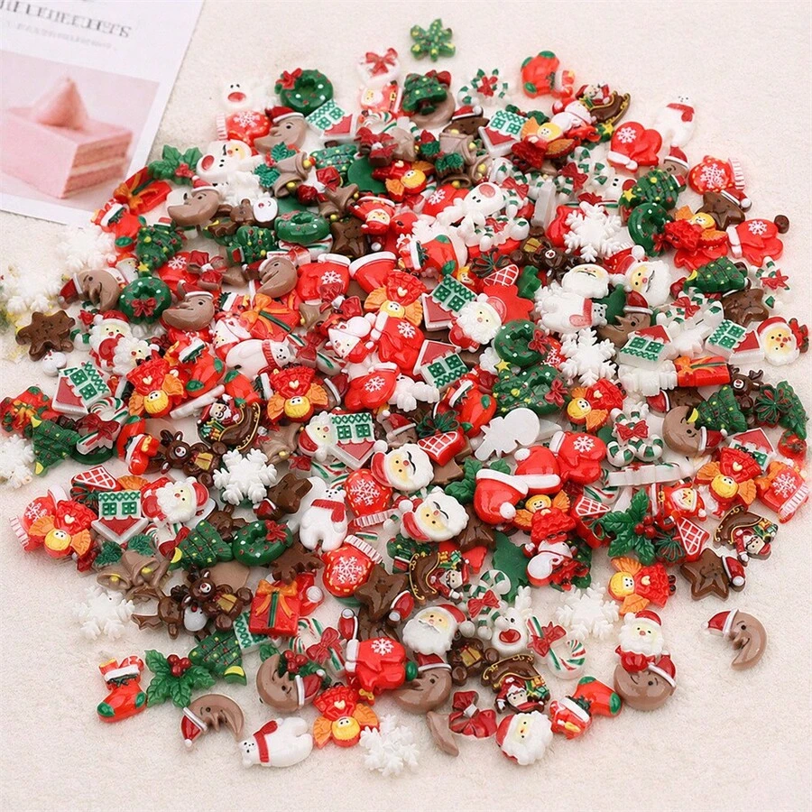 20/60/100pcs Mixed Christmas Resin Crafts, DIY Flat Beads, Santa Claus, Christmas Tree, Snowflake Socks Decorations, Assorted Christmas Themed Jewelry Making Supplies - Random Assortment - Multicolor - View 1