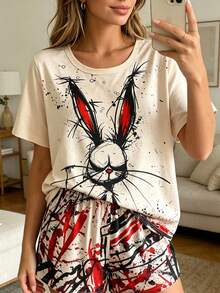 2-Piece Set Cool Short Sleeve Outfit, Ink Wash Graffiti Rabbit Print, Women's Pajama Set, 2-Piece Casual Crew Neck Pullover Top And Shorts, Suitable For All Seasons, Home Wear, Comfortable And Loose - Multicolor - View 4