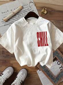 Camiseta de mujer de una pieza con estampado a doble cara, estilo sencillo, corte ajustado, diseño de letras original, cuello redondo, mangas cortas, tejido suave y ligero, cómoda para el uso diario en verano. - Blanco - Ver 2