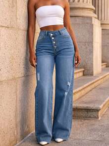 Elastic Washed Solid Color Multi-Pocket Button Decor Women's Denim Jeans - Medium Wash - View 4