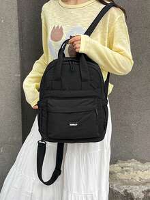 Fashionable Versatile Solid Color Nylon Fabric Student Backpack, Women's Mini Water-Resistant Campus Daily Backpack, Suitable For High School And College Students, Compact Travel Shoulder Bag, Waterproof Business Commute Backpack, Multi-Pocket Functional Backpack, Back To School Essential, Student University Bag - Black - View 4