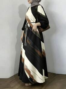 Elegant Long Arabic Style Dress, Bishop Sleeves, Round Neck, Abstract Print Woven Fabric Black - Black - View 3