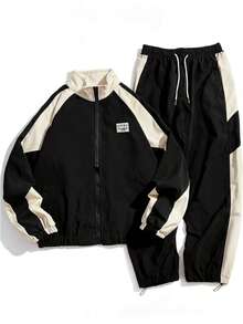 Driftmere Men's Colorblock Baseball Jacket And Drawstring Pants 2 Piece Set, Vintage College Streetwear Tracksuit For Casual Jogging, Travel And Daily Wear - Black - View 6