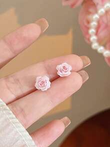 1 Pair Sweet Cute Pink Flower Stud Earrings, Small Delicate Earrings Suitable For Teenage Girls Daily And Holiday Wear - Flowers - View 3