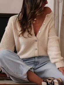 Elegant Solid Color Fluffy Knit Cardigan, Minimalist Ribbed Knit Button Long Sleeve Top, Fashionable Versatile Comfortable Jacket, Suitable For Autumn/Winter Wear - Beige - View 4