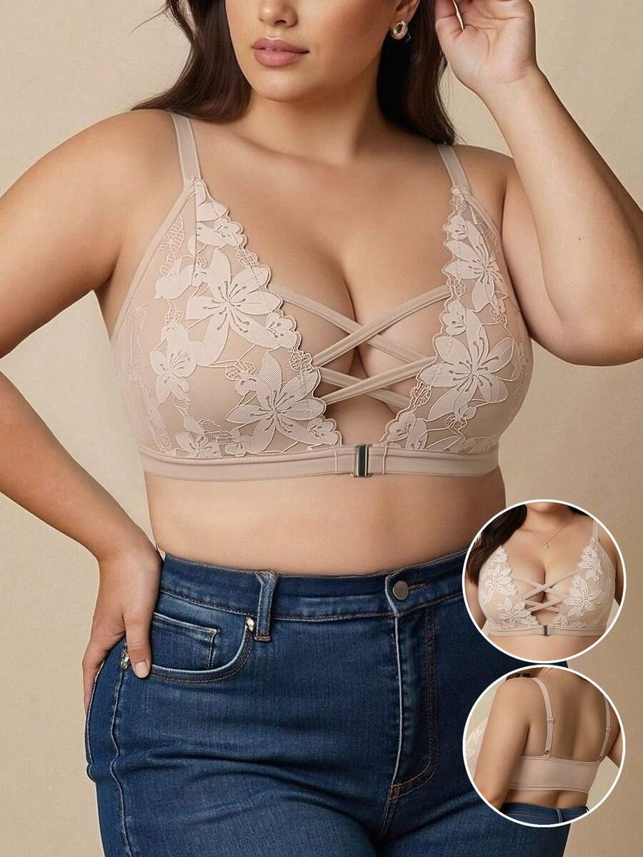 Plus Size Women's Sexy Lace Wireless Bra, Curve Enhancing Front Closure - Apricot - View 1