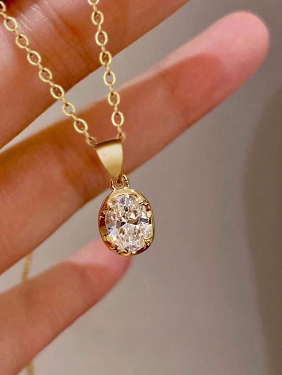 1pc Elegant Cubic Zirconia Pendant Necklace, Suitable For Women To Wear, Perfect For Wedding, Engagement, Anniversary, Party, Valentine's Day Gift - Yellow Gold - View 1