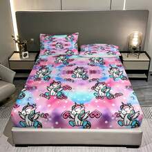 3pcs Princess Style Pink-Blue Gradient Unicorn Pattern Printed Bedding Set (1 Fitted Sheet + 2 Pillowcases, Pillow Inserts Not Included), 90g Soft Polyester Fiber Breathable Mattress Protector, Quick-Dry Water-Resistant Non-Fading, High Elasticity Non-Slip Washable Fitted Sheet Suitable For Apartment Dorm, Home Bedroom Decor - Multicolor - View 4