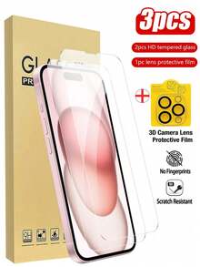 2片高畫質強化玻璃螢幕保護貼 + 1片相機鏡頭保護貼，適用於 iPhone 17/16 Pro Max/16/16 Pro/16 Plus/15 Pro Max/15/15 Plus/15 Pro/14 Pro Max/14 Pro/14 Plus/14/13/12/11。[防刮] [防碎] 生日禮物，家人與朋友的理想選擇，手機螢幕保護貼，手機配件 - 無色 - 查看 2
