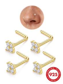 1pc 925 Sterling Silver Tiny Four-Leaf Clover CZ Zirconia Nose Stud, L-Shaped Hypoallergenic Nostril Piercing Jewelry, Unisex Minimalist Daily Wear Gift Accessory - Gold - View 2