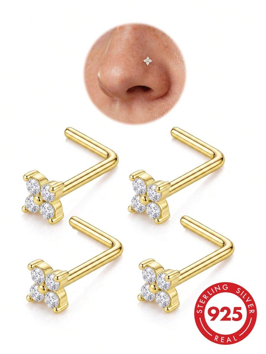 1pc 925 Sterling Silver Tiny Four-Leaf Clover CZ Zirconia Nose Stud, L-Shaped Hypoallergenic Nostril Piercing Jewelry, Unisex Minimalist Daily Wear Gift Accessory