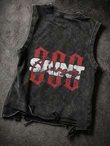 Vintage Wash Distressed Tank Top - "SAINT Curses" 000 Number Graphic Tank For Men - Black - View 2