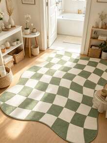1pc Soft Green Checkerboard Asymmetrical Shaped Artistic Area Rug, Personalized Aesthetic Style Decor Mat, Ins Vibe Living Room Aesthetic Carpet, Modern Minimalist Soft Furnishing Accent, Asymmetrical Shaped Design, Small Rug, Doormat, Home Decor, Washable Carpet - Multicolor - View 5