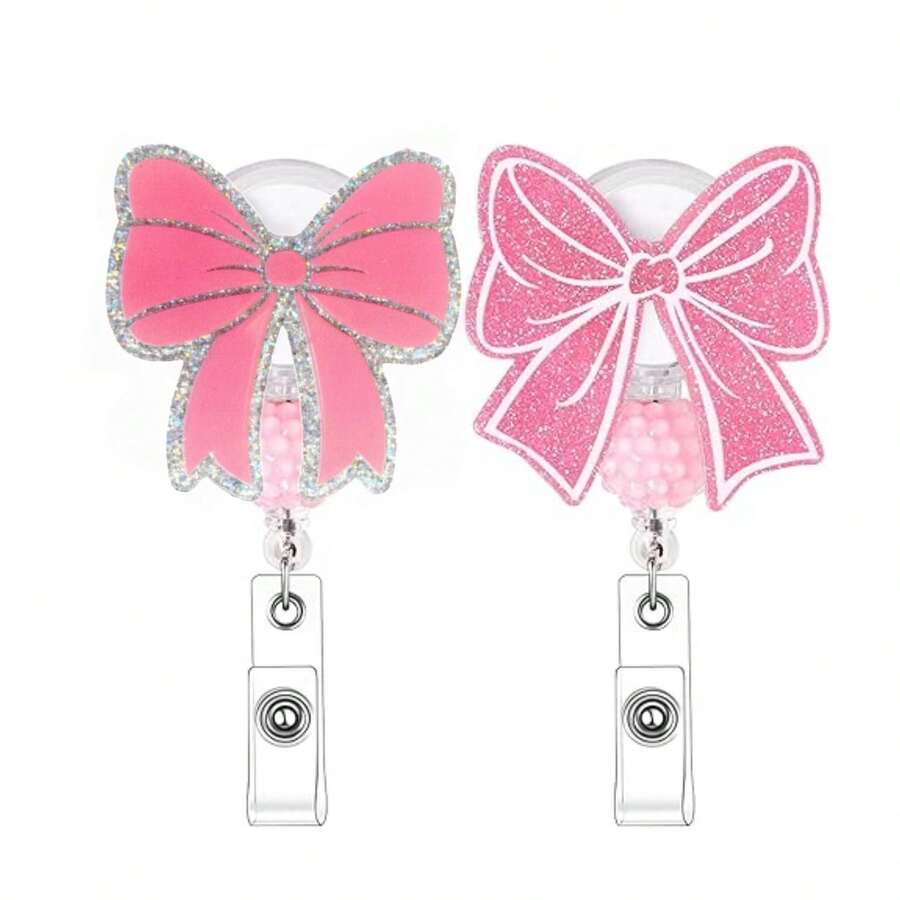 TONAVIETO 1 Stück Schleife mit rosa Perlen Abzeichenhalter einziehbar mit Dreh-Alligator-Clip für Pflegepersonal, Ärzte, Lehrer, Büroangestellte - 1PC - Übersicht 1