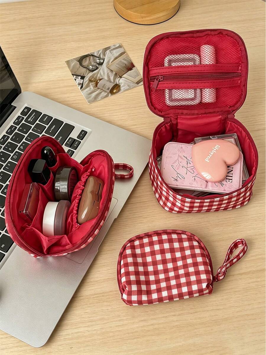 1pc/Set Vintage Red Plaid Mini Makeup Bag, Multi-Compartment Portable Cosmetic Storage Bag, Handheld Lipstick Organizer, Suitable For Travel And Daily Use - Red - View 1