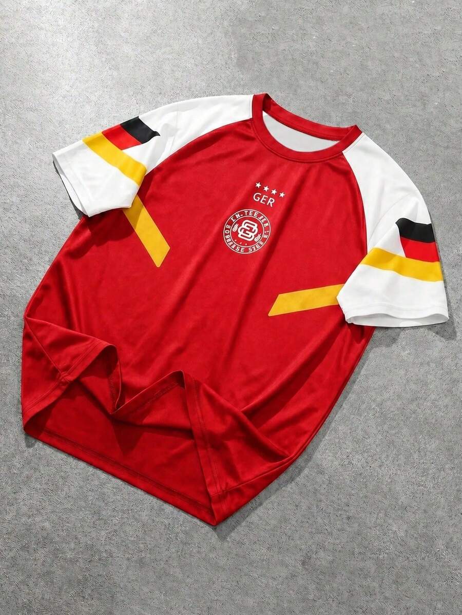 Fractyr Ropa Deportiva Callejera para Hombres, Camiseta de Fútbol de Manga Corta con Diseño de Bandera Nacional Alemana y Ajuste Holgado - Rojo - Ver 1