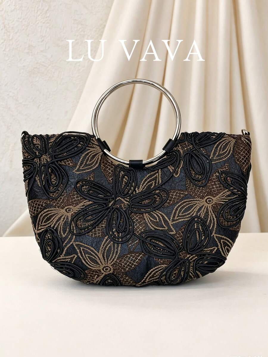 LUVAVA 金色繩編刺繡新月包，圓形金屬手柄，鏤空花卉紋理，可拆卸鍊條，奢華風格，適合婚禮/下午茶/晚宴/戶外 - 黑色 - 查看 1