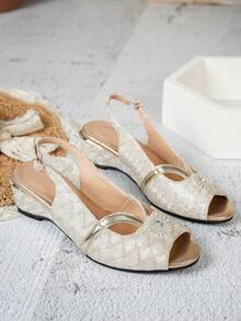Sandalias de cuña con punta abierta y decoración de girasol de rhinestone con tira de tobillo ajustable para mujer, versátiles para fiesta y uso diario, verano - Beis - Ver 8