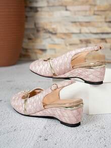Women's Shiny Lace Peep Toe Wedge Sandals With Rhinestone Sunflower Decor And Adjustable Ankle Strap, Versatile For Party, Commute And Summer Wear - Pink - View 9