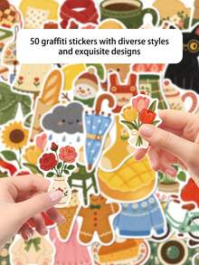 50pcs Hand-Drawn Small Object Waterproof Stickers, Suitable For Laptop, Skateboard, Guitar, Refrigerator, Luggage, Tablet, Phone, Scrapbook, Phone Case Decoration, Perfect For Holiday Gifts, Birthday Party Gifts School Supplies - 50pcs - View 5