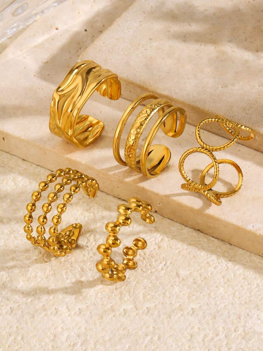 5pcs Stainless Steel 18K Gold Plated Summer Elegant Minimalist Fashion Elegant Geometric Gold Bead Oval Line Adjustable Open Ring Set Suitable For Women Daily Wear Holiday Date Vacation Shopping Travel Elegant Jewelry Gift - Multicolor - View 1