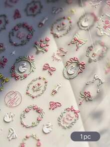 1pc French Pink Bow & Floral Swan Frame Sticker, Gentle Vintage Waterproof Self-Adhesive No-Residue, Universal Sweet Decorative Sticker For Adult Digital Camera, Phone Case, Earphone Box, Digital Device Soft Romantic Atmosphere Shell Beautification Sticker - Swan Flower Frame - View 7