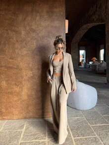 Elegant Women's 2 Pieces Set, Includes Blazer, Jacket And Wide-Leg Pants, Made Of Non-Stretch Fabric, Suitable For Autumn Wear. - Khaki - View 3