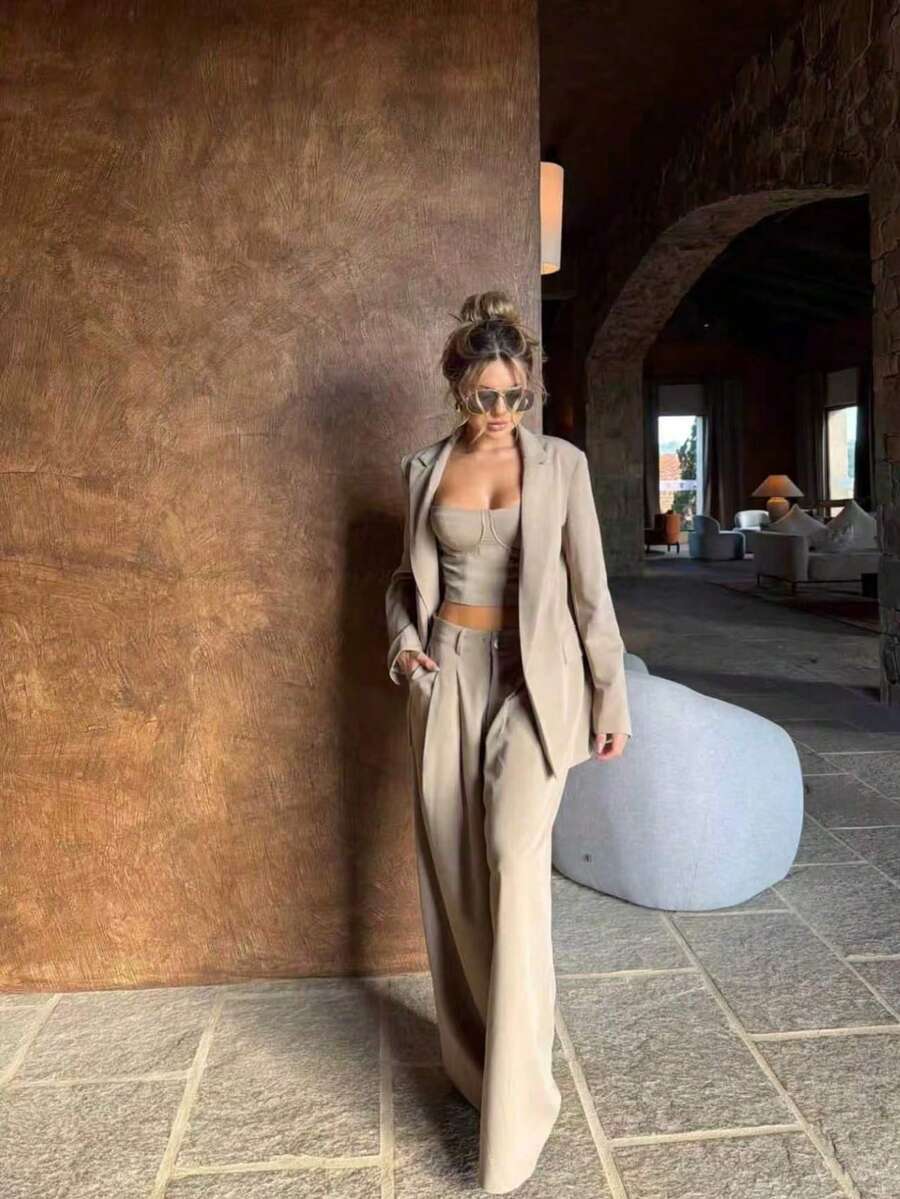 Elegant Women's 2 Pieces Set, Includes Blazer, Jacket And Wide-Leg Pants, Made Of Non-Stretch Fabric, Suitable For Autumn Wear. - Khaki - View 1