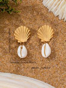 European & American Vacation Style Shell Fan-Shaped Earrings For Women, Niche Design Premium Feel Dangle Earrings, INS Earrings - Yellow Gold - View 7