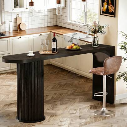 LITTLE TREE Counter Height Bar Table 160cm Rectangular High Top Pub Table Fluted Round Base For Kitchen Bistro Dining Black