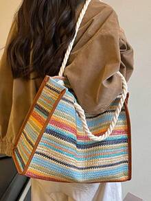 1 pieza Bolso de hombro tipo tote de paja tejida con diseño minimalista arcoíris, gran capacidad, adecuado para viajes, compras y vacaciones - Multicolor - Ver 2
