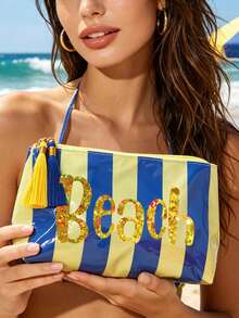 Striped Beach Makeup Bag With Tassel Zipper, "BEACH" Sequin Print, Waterproof PVC Toiletry Bag, Portable Travel Cosmetic Organizer, Multi-Functional Toiletry Bag, Vacation Makeup Storage Bag, Perfect For Beach, Pool, Cruise And Holiday Essentials, Unique Birthday Gift, Holiday Gift, Party Gift, Vacation Gift, Back To School Gift, Teacher Gift - Multicolor - View 5