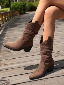 Spring/Autumn Western Style Chunky Heel Ruched Stacked Boots Women's Fashion Boots, 1 Pair Pointed Toe Mid-Calf V-Cut Western Boots, High Heel Stylish Knight Boots, Brown, Runs Small By One Size - Brown - View 9
