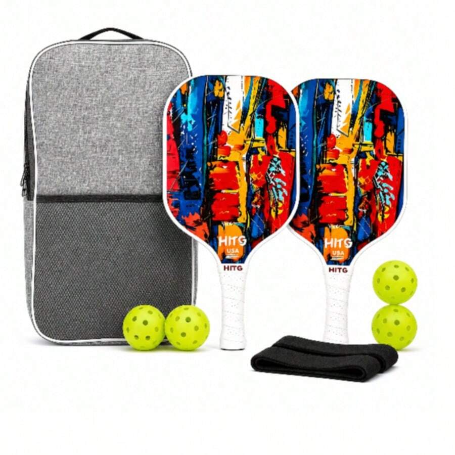 HITS Pickleball Paddle Set 2 Paddles + 4 Balls + 2 Sweatbands + 1 Ball Bag - White - View 1